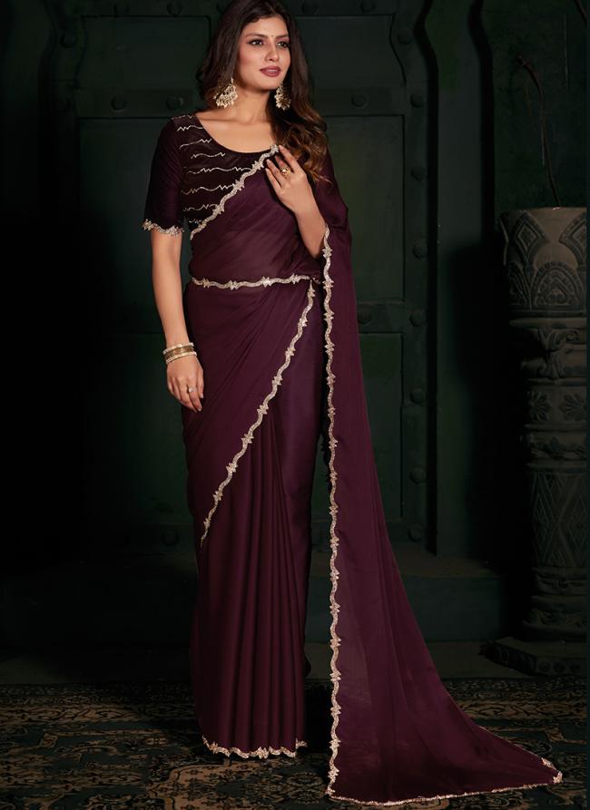 Satin Chiffon Wine Party Wear Zircon Work Saree